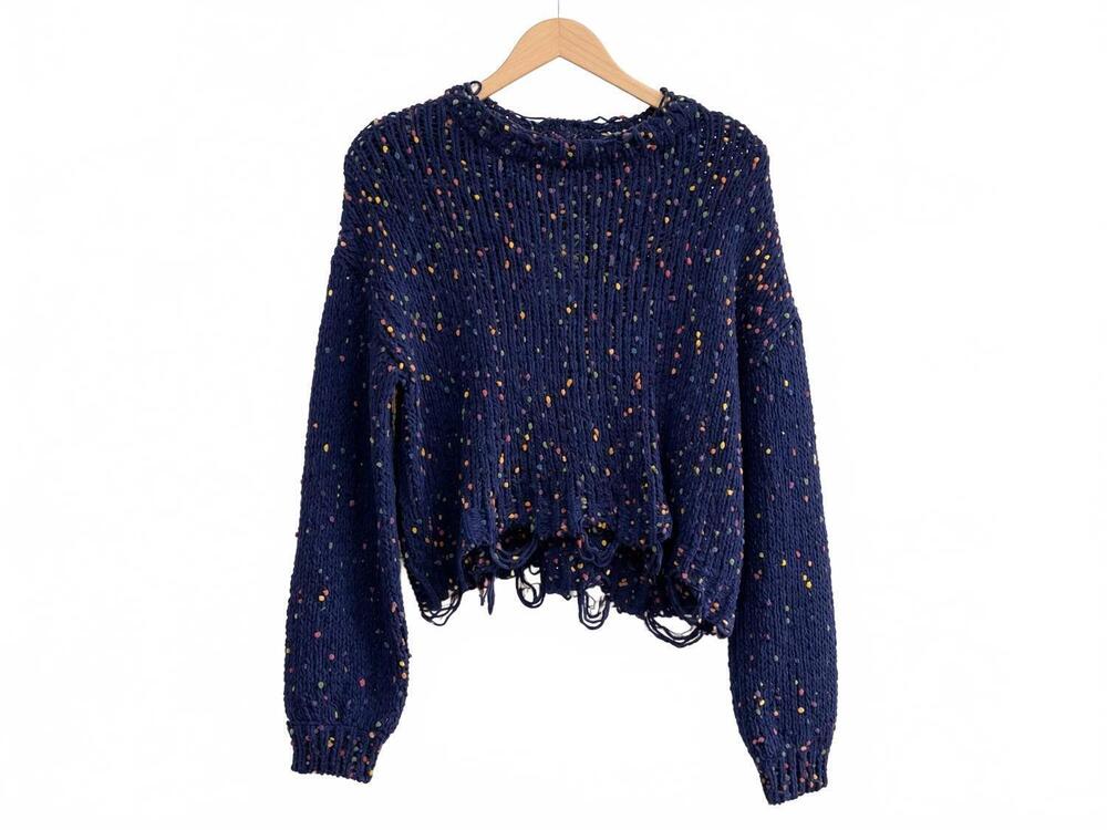 NEW SWEET GENERIS women's chenille distressed crop sweater in navy